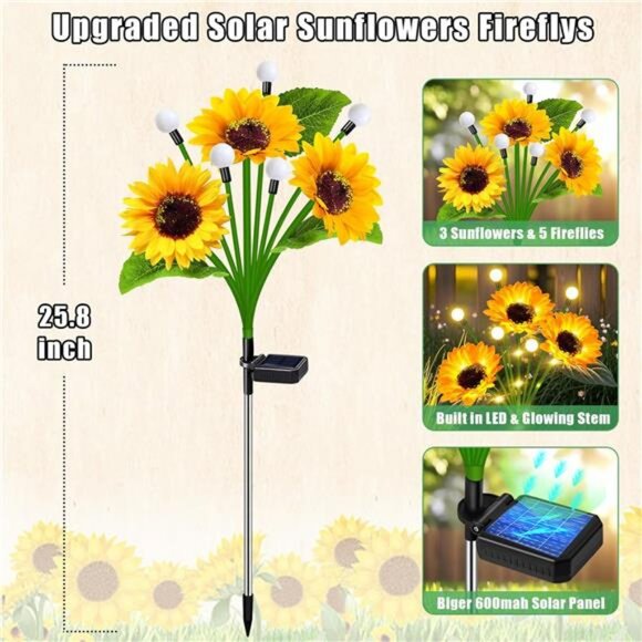 Solar Lights Outdoor Garden Decor,Upgraded 4 Pack Solar Sunflowers with Firefly - Picture 3 of 7